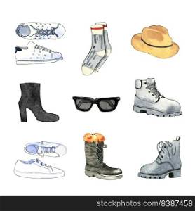 Set of isolated watercolor sneakers, boots, hat illustration for decorative use.