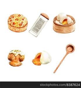 Set of isolated watercolor steamed bun, tart illustration for decorative use.