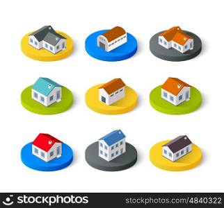 Set of isometric 3D icons house home. Residence building the city landscape three-dimensional vector symbol concept. Set of isometric 3D
