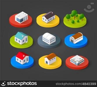 Set of isometric 3D icons house home. Residence building the city landscape three-dimensional vector symbol concept. Set of isometric 3D