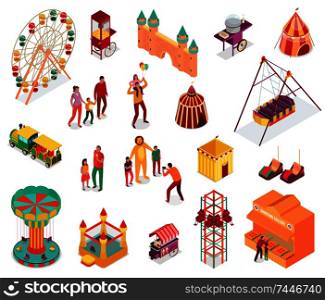 Set of isometric amusement park elements with visitors street food and attractions isolated vector illustration