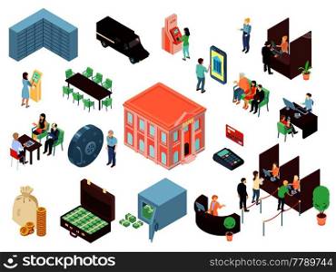Set of isometric bank elements with staff and clients in office, online service, building isolated vector illustration  . Bank Elements Isometric Set