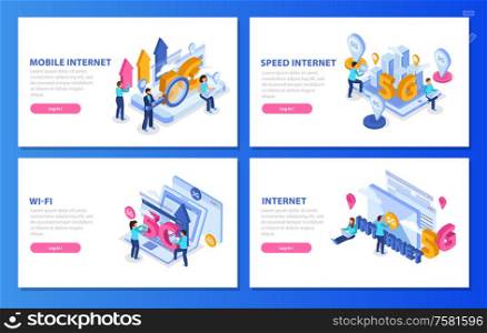 Set of isometric banners with 5g mobile speed internet and wifi compositions isolated on blue background 3d vector illustration