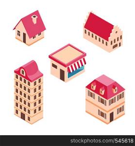 Set of isometric buildings and houses. Real estate, rent and home concept. Vector illustration isolated on white background.. Set of isometric buildings and houses isolated on white background.