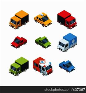 Set of isometric cartoon-style city cars. Transport car 3d isometric, vector vehicle ambulance and cargo truck van illustration. Set of isometric cartoon-style city cars