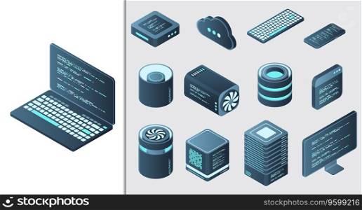 Set of isometric computer technology. Isometric set server equipment. Technology isometric icons. Digital technology items. Vector illustration