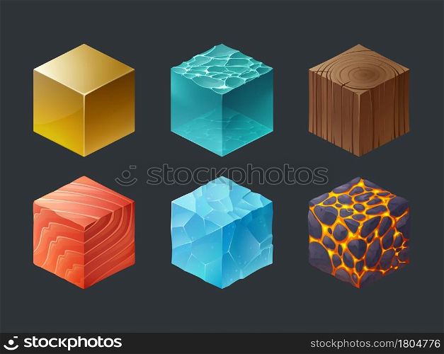 Set of isometric cubes, game texture, 3d icons frozen ice piece, wood, lava, water and gold boxes for computer or mobile ui or gui interface design. Fantasy world creation Cartoon vector illustration. Set of isometric cubes, game texture, 3d icons