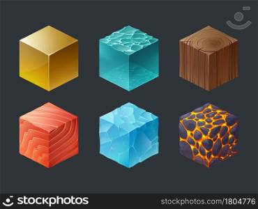 Set of isometric cubes, game texture, 3d icons frozen ice piece, wood, lava, water and gold boxes for computer or mobile ui or gui interface design. Fantasy world creation Cartoon vector illustration. Set of isometric cubes, game texture, 3d icons