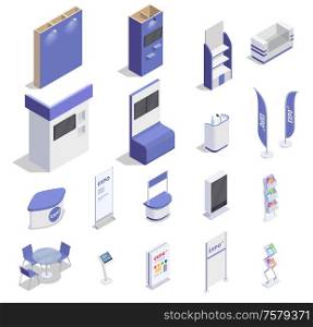 Set of isometric empty expo stands counters screen shelves for advertising goods isolated on white background 3d vector illustration