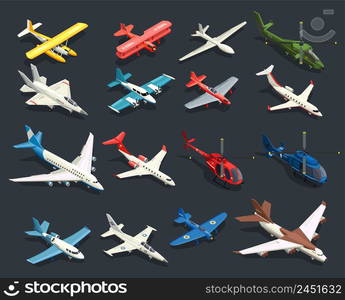 Set of isometric icons airplanes and helicopters of various shape on black background isolated vector illustration. Airplanes Helicopters Isometric Icons