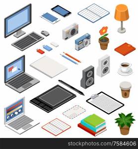 Set of isometric icons. Equipment and office accessories. Vector illustration