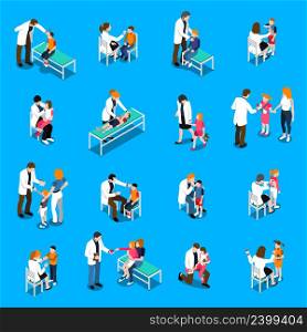 Set of isometric icons with child diseases pediatricians and parents on blue background isolated vector illustration. Child Diseases Isometric Icons Set