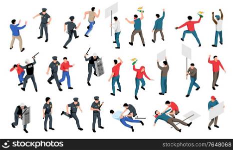 Set of isometric icons with mass protest activists fighting with armed police officers 3d isolated vector illustration