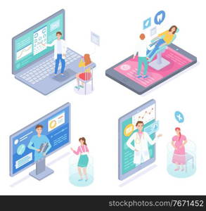 Set of isometric illustrations. Concept of online medical treatment. Consulting with doctors in internet, website, mobile app. Oculist, dentist, physician, surgeon consult patients with health problems. Set of isometric smartphone, computer, display, laptop, tablet with online consultation with doctors