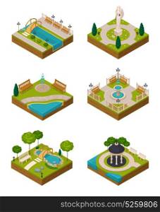 Set Of Isometric Landscape Design Compositions. Set of isometric landscape design compositions for city constructor with trees ponds fountain benches isolated vector illustration