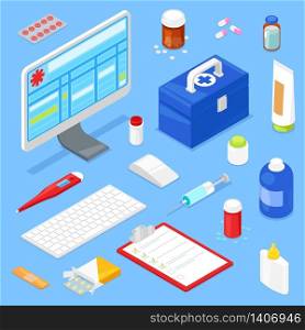 Set of isometric medical equipment and computer. Vector illustration