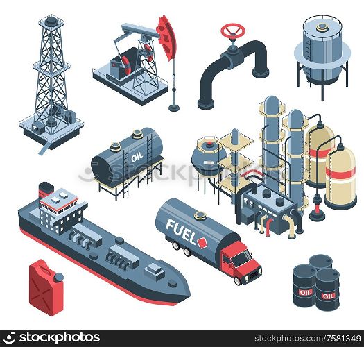 Set of isometric oil petroleum industry with isolated images of factory plant facilities and storage units vector illustration