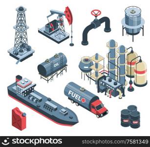 Set of isometric oil petroleum industry with isolated images of factory plant facilities and storage units vector illustration