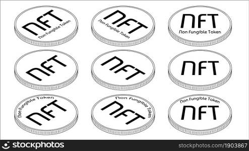Set of isometric outline coins NFT non fungible tokens isolated on white. Pay for unique collectibles in games or art. Vector illustration.