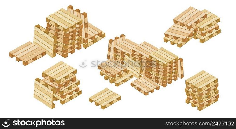 Set of isometric pallets for warehouse packaging and transportation isolated on white background. Vector illustration.. Set of isometric pallets for warehouse packaging and transportation isolated on white background.