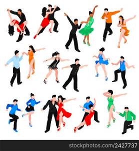 Set of isometric people in bright costumes during latin dances salsa, rumba, samba isolated vector illustration. Dances Isometric People Set
