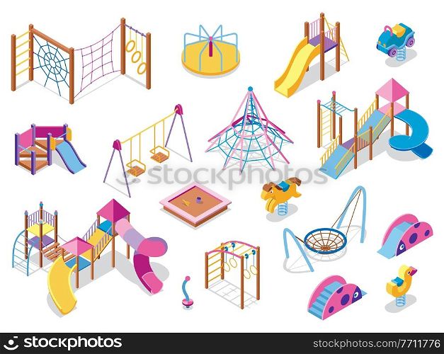 Set of isometric playground icons with images of colourful play equipment with shadows on blank background vector illustration. Playground Equipment Isometric Collection