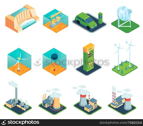 Set of isometric renewable wind power green energy sources isolated icons and images of power stations vector illustration