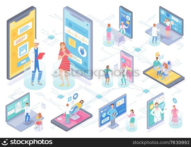 Set of isometric smartphones with characters asking doc for help. Online healthcare consultation for patient via internet. First aid of doctor using modern technologies such as medical app or web site. Online Consultation at Doctor, Consulting Patients
