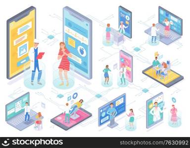 Set of isometric smartphones with characters asking doc for help. Online healthcare consultation for patient via internet. First aid of doctor using modern technologies such as medical app or web site. Online Consultation at Doctor, Consulting Patients
