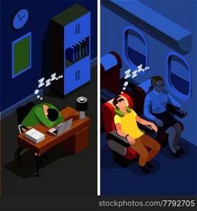 Set of isometric vertical banners with sleep during computer work and dream during trip isolated vector illustration . Sleep Isometric Vertical Banners