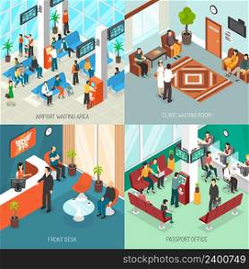 Set of isometric waiting areas in airport clinic and passport office near front desk isolated vector illustration . Isometric Waiting Areas Set