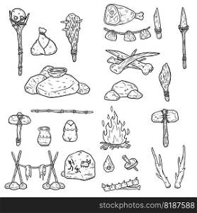 Set of items of primitive man and hunter. Weapons of caveman. Sto≠a≥hammer, axe and club, spear and animal bo≠. Lifesty≤and tool. Cartoon illustration. Set of items of primitive man and hunter.