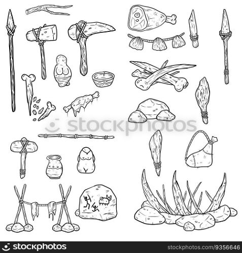 Set of items of primitive man and hunter. Weapons of caveman. Stone age hammer, axe and club, spear and animal meat. Lifestyle and tool. Cartoon illustration. Set of items of primitive man and hunter.
