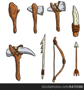 Set of items of primitive man and hunter. Weapons of caveman. Stone age hammer, axe and club. Lifestyle and tool. Cartoon illustration. Set of items of primitive man and hunter