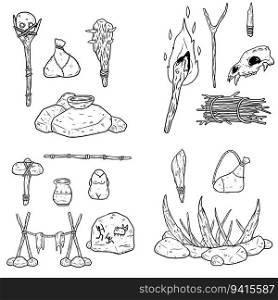 Set of items of primitive man and hunter. Weapons of caveman. Stone age hammer, axe and club. Lifestyle and tool. Cartoon illustration. Set of items of primitive man and hunter.