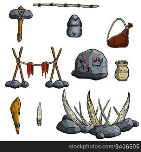 Set of items of primitive man and hunter. Weapons of caveman. Stone age club, trap. Lifestyle and tool. Cartoon illustration. Set of items of primitive man and hunter.