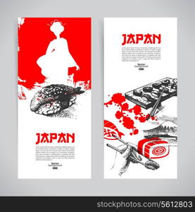 Set of Japanese sushi banners. Hand darwn sketch illustrations