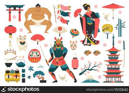 Set of japanese traditional objects icons vector illustration.. Set of japanese traditional icons vector illustration.