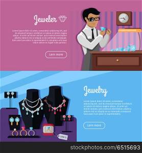 Set of jewelry vector web banners. Jewelry design and jeweler concepts in flat style. Man working with precious stone. Jewelry shop showcase. Illustration for jewelry studio and store web page design. Set of Jewelry Concept Vector Web Banners . Set of Jewelry Concept Vector Web Banners