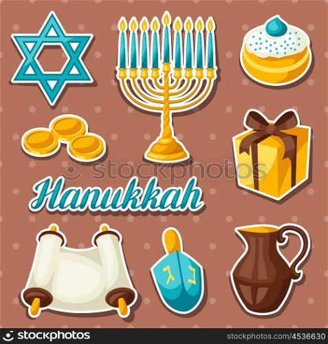 Set of Jewish Hanukkah celebration sticker objects and icons. Set of Jewish Hanukkah celebration sticker objects and icons.