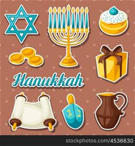 Set of Jewish Hanukkah celebration sticker objects and icons. Set of Jewish Hanukkah celebration sticker objects and icons.