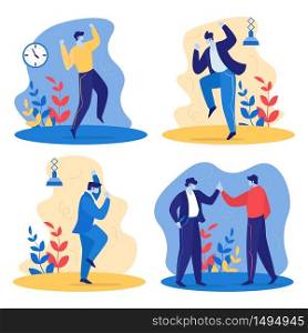 Set of Joyful Happy Managers in Office. Cheerful Businesspeople Laughing, Jumping, Shaking Hands. Employees Rejoice for New Project. Colleagues Celebrate Victory Deal. Cartoon Flat Vector Illustration. Set of Joyful Happy Cheerful Managers in Office