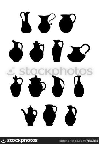 Set of jugs of different shapes and configurations for design and decoration. Flat design.