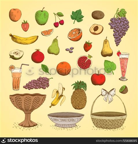 Set of juicy fresh fruits, orange, grape, apple, strawberry, cherry and others vector illustration