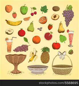 Set of juicy fresh fruits, orange, grape, apple, strawberry, cherry and others vector illustration