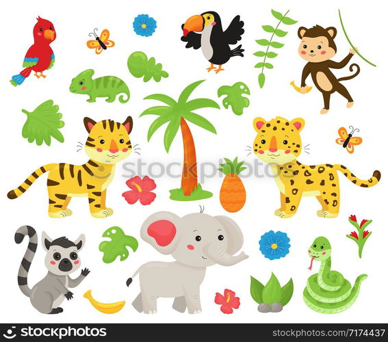 Set of jungle animals and tropical plants. Cute cartoon kawaii characters: wild cats, snake, elephant, tropical birds, lemur. Isolated on white background.