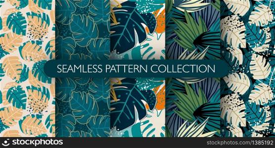 Set of jungle exotic leaves seamless pattern. Hand drawn tropical leaf wallpaper. Creative botanical vector illustration. Design for fabric, textile print, wrapping paper, fashion, interior, cover. Set of jungle exotic leaves seamless pattern. Hand drawn tropical leaf wallpaper. Creative botanical vector illustration.