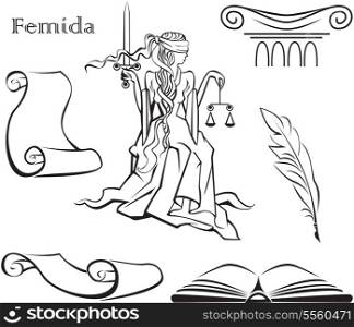 Set of justice symbols (book, column, pen, scroll of parchment) and Femida - a goddess of justice