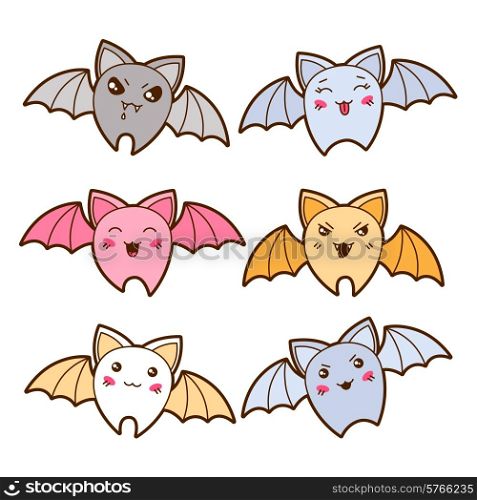 Set of kawaii bats with different facial expressions.
