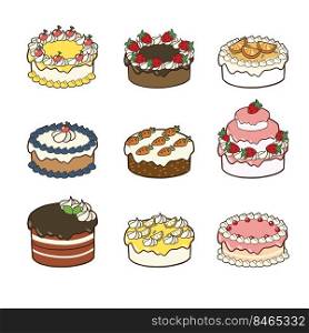 Set of kawaii Cakes.Cakes collection. cartoon Vector illustration of different types of beautiful and cute cakes.